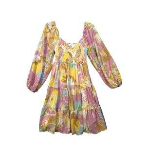 Bohme Smocked Floral Mini Dress Small Pastel Long Sleeve Boho Spring V-neck
